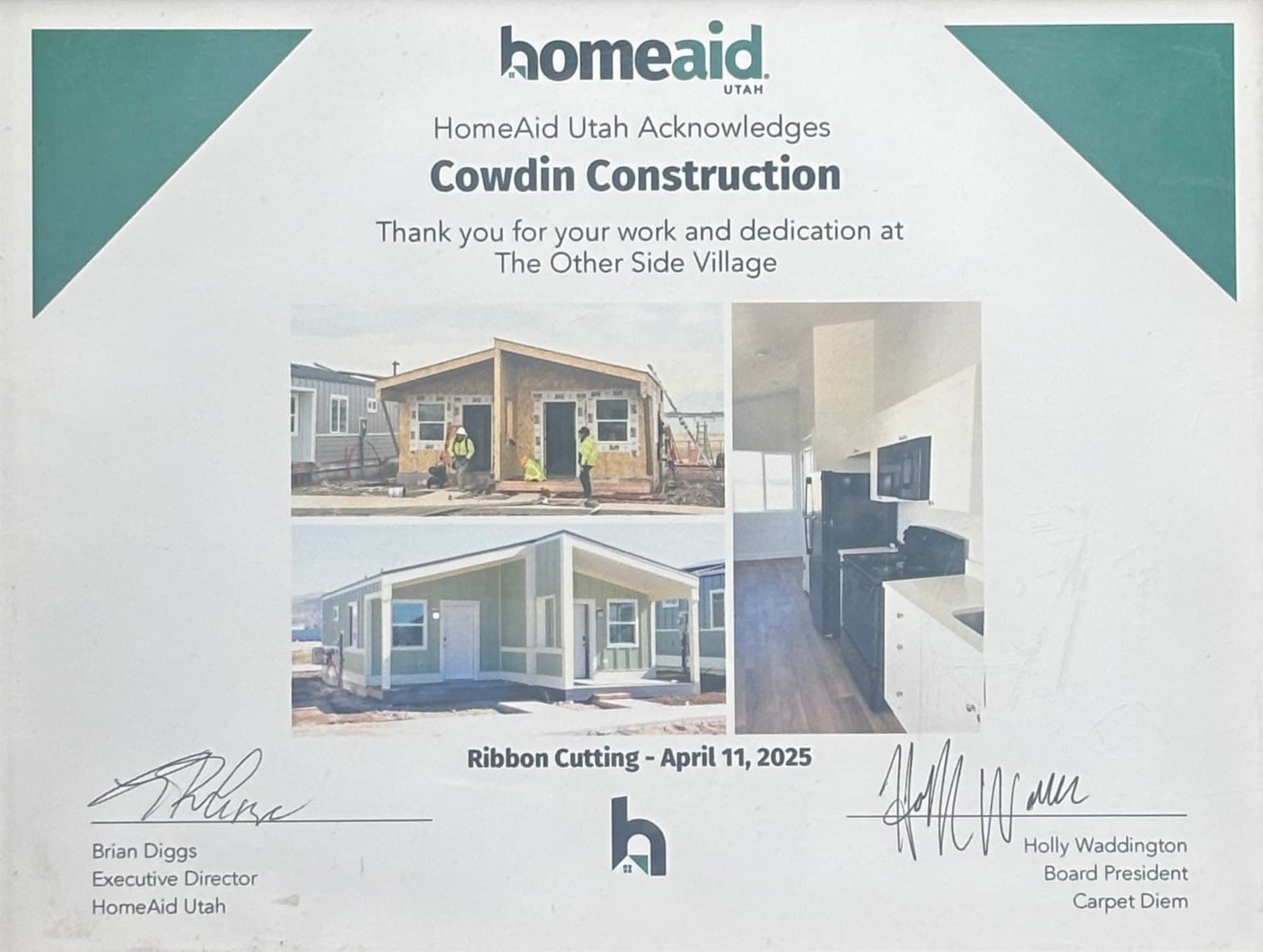 HomeAid Utah acknowledgement of Cowdin Construction at The Other Side Village